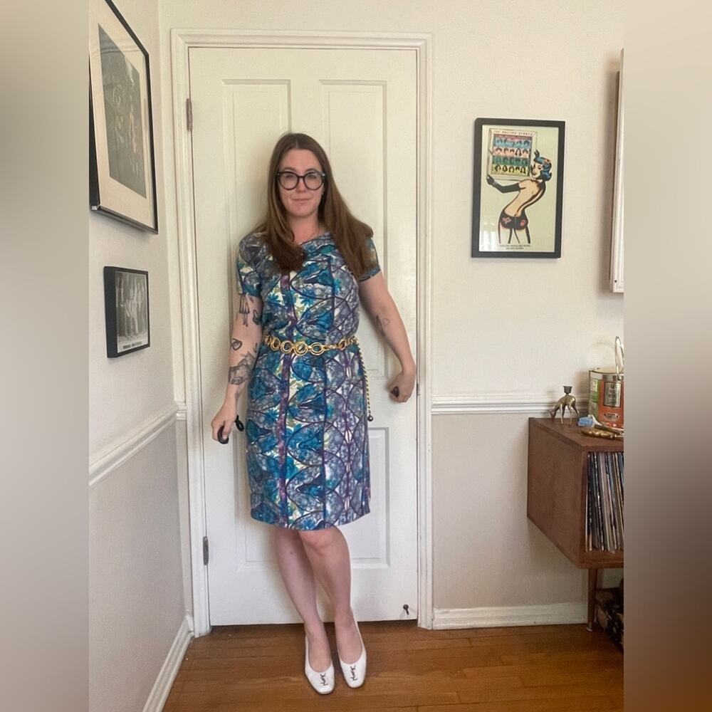 60s Vintage Blue Printed Pull Over Day Dress